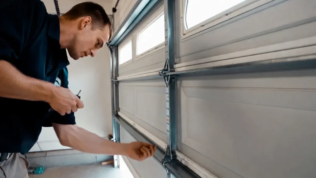 garage door technician inspecting door problem