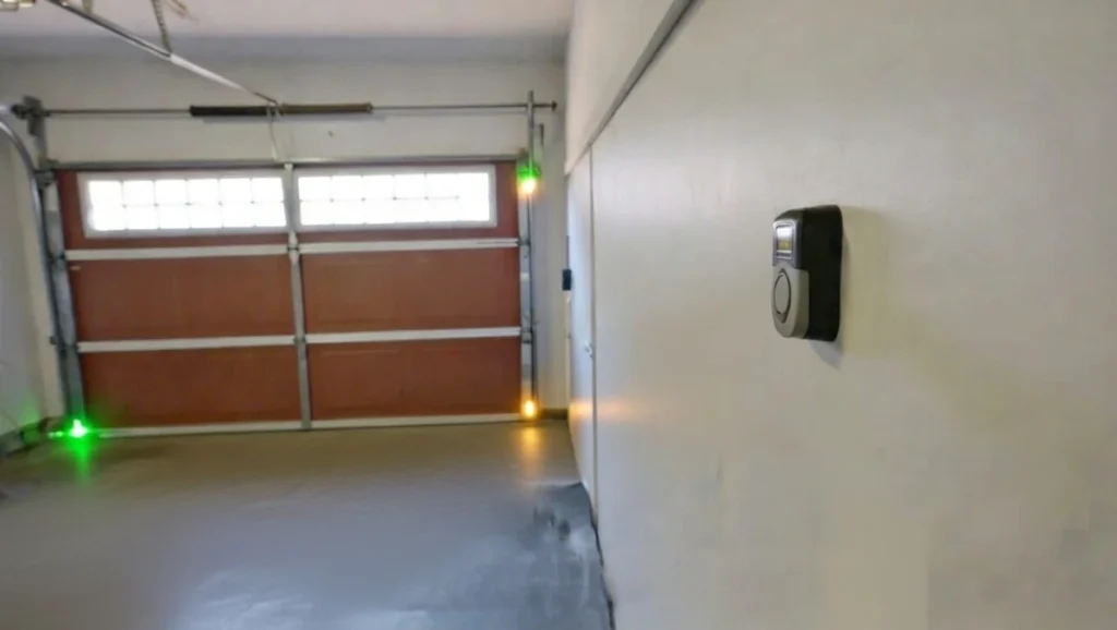 garage door safety sensor lights green and amber near floor