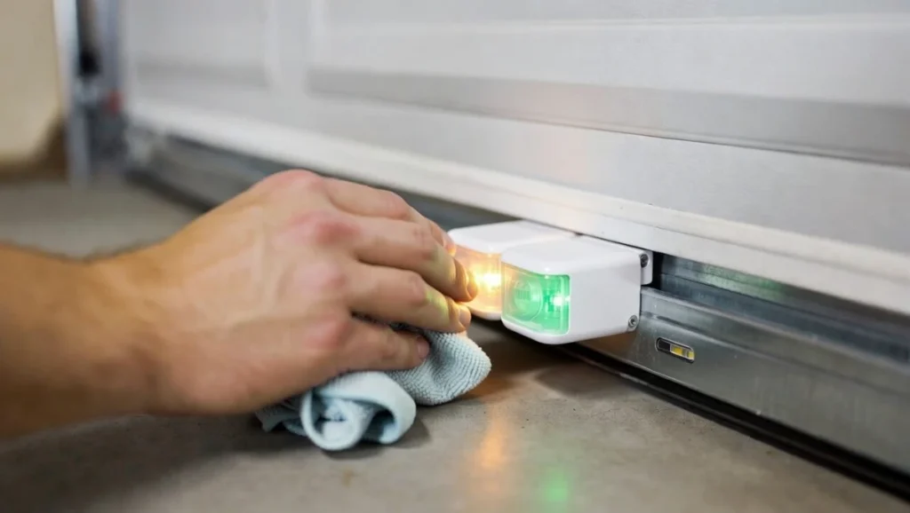garage door safety sensors amber and green light meaning
