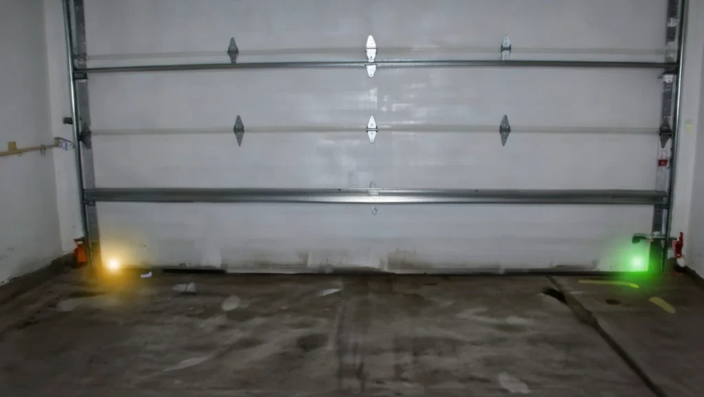 garage door safety sensors amber and green lights near floor