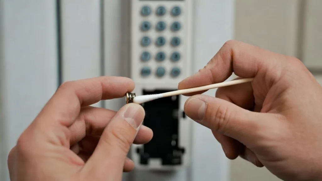 cleaning garage keypad battery contacts