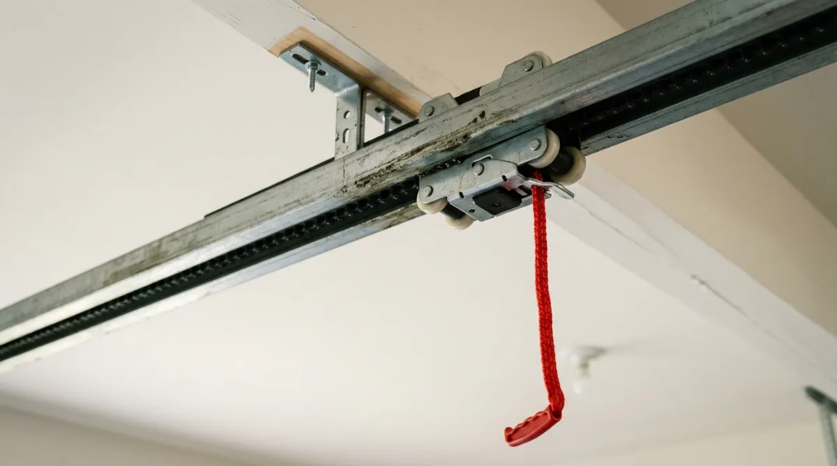 garage door emergency release cord and trolley on rail