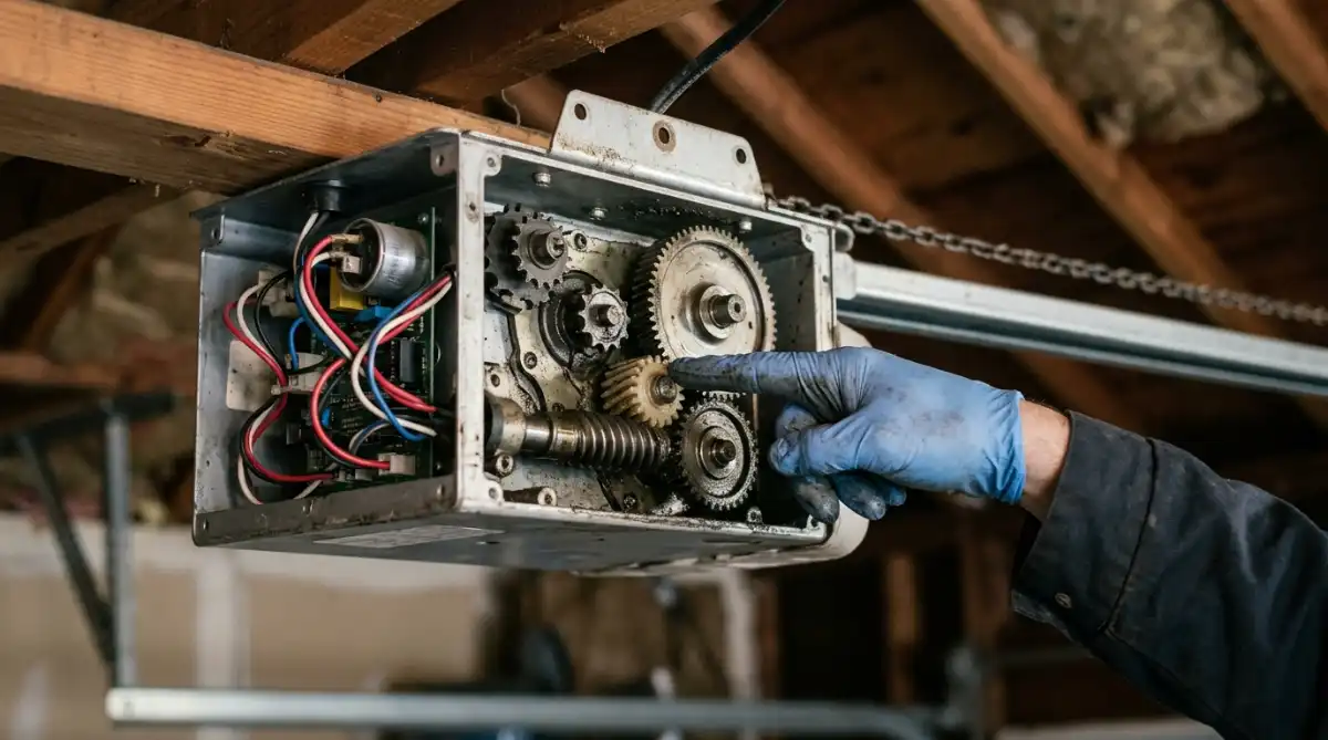 stripped gear inside garage door opener causing chain to move but door not