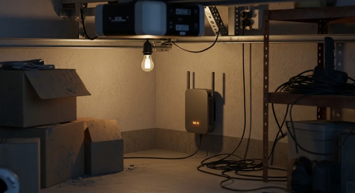 wrong WiFi extender placement deep in garage causes weak signal